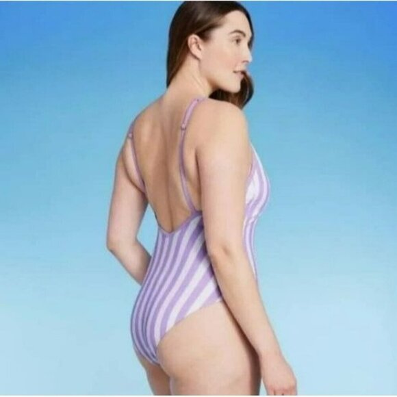 Kona Sol Purple & White Striped One-Piece Swimsuit With Adjustable Straps Size L - Picture 2 of 5